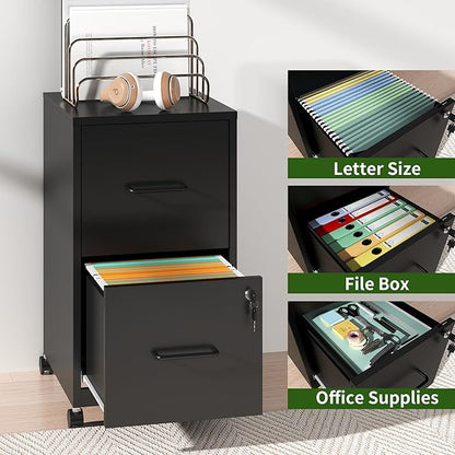 2 Drawer Mobile File Cabinet, Metal Under Desk Filing Cabinet with Lock and Wheels, Home Office Rolling File Cabinet for Legal/Letter Hanging File Folders, Un-Assembled, Black
