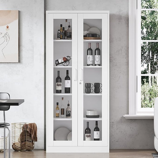 Tall Display Storage Cabinet with Tempered Glass Door, Metal Cabinet with 4 Adjustable Shelves for Home,Study,Living Room and Office (White)
