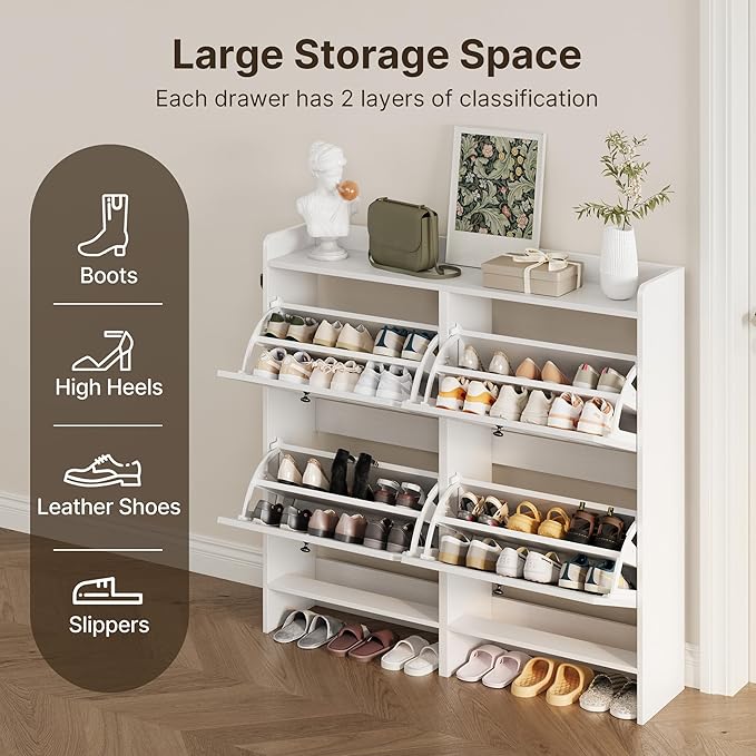 Gizoon Shoe Cabinet with 4 Fijp Drawers, Shoe Storage Cabinet for Entryway, Freestanding Hidden Rack with Open Shelf, Narrow Storage Organizer for Hallway, White