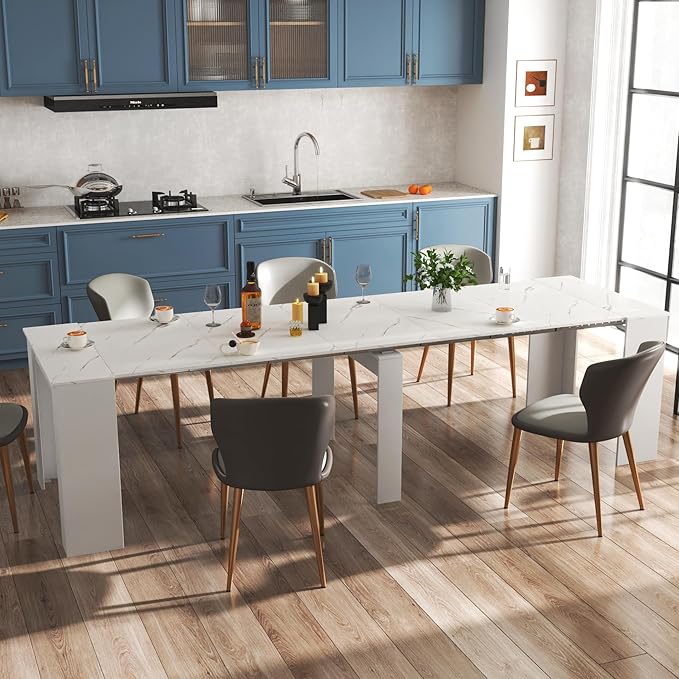 Expandable Dining Table, Transformer Console to Dining Table for 12 People, Folding Space Saving Dining Room Table with Elegant Faux Marble Top, Marble White