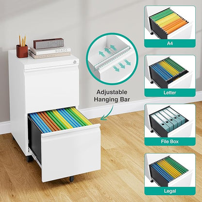 SISESOL 2 Drawer File Cabinet with Lock and Wheels,White Rolling File Cabinets,Locking Mobile Metal Filing Cabinet for Home Office,Under Desk,Fit A4/Letter/Legal File, Easy Assembly