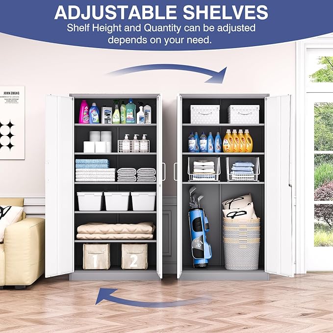Metal File Cabinet,Locking Storage Cabinet with 2 Doors and 5 Adjustbale Shelves,Steel Tool Cabinet for Garage,Basement,Home Office