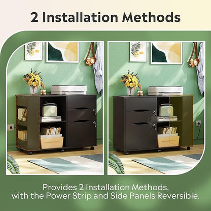 DEVAISE File Cabinet with Lock, 3 Drawer Rolling Mobile Lateral Filing Cabinets with Charging Station Printer Stand with Open Storage Shelves Fits A4 or Letter Size for Home Office Black