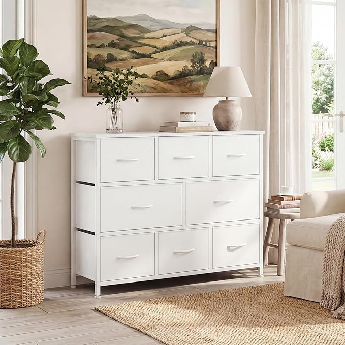DUMOS TV Stand, Dresser with 8 Fabric Drawers, Spacious Storage Tower for Closet, TV Stand with Wood Top and Mental Frame, Storage Unit for Living Rooms, Bedroom and Entryway, White