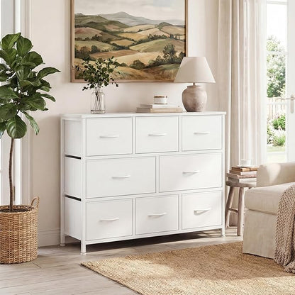 DUMOS TV Stand, Dresser with 8 Fabric Drawers, Spacious Storage Tower for Closet, TV Stand with Wood Top and Mental Frame, Storage Unit for Living Rooms, Bedroom and Entryway, White