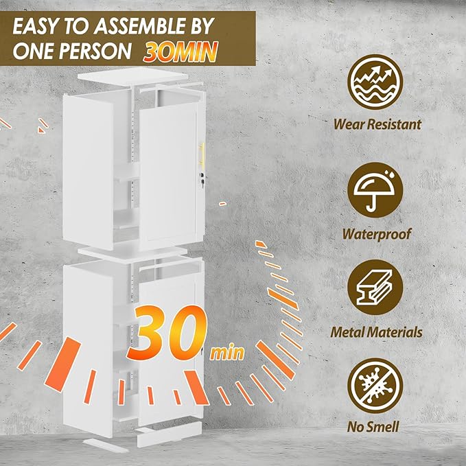 67" Metal Storage Cabinet with Lock, Tall Narrow Office File Cabinets with 2 Doors & 4 Adjustable Shelves, Metal Steel Locker for Home, School, Office, Garage or Gym (White)
