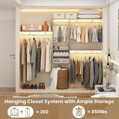 96 Inch Hanging Closet System, 8 FT Closet Organizer System with Hanging Rod, Walk In Mounted Closet System, Built-In Clothes Garment Rack with 3 Shelving Towers(Can Be Cut To Fit), Gray