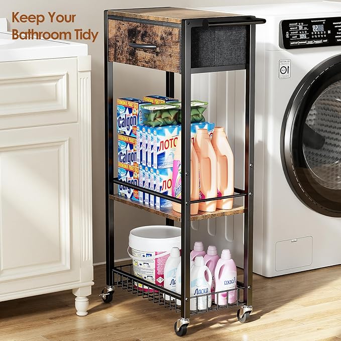 Lewondr Rolling Storage Cart with Drawers, 3-Tier Laundry Room Shelves, Sturdy Bathroom Organizer Shelf with Wood Top, Rolling Drawer Cart with Handle and Wheels for Kitchen, Office, Classroom, Black