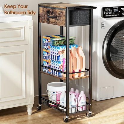 Lewondr Rolling Storage Cart with Drawers, 3-Tier Laundry Room Shelves, Sturdy Bathroom Organizer Shelf with Wood Top, Rolling Drawer Cart with Handle and Wheels for Kitchen, Office, Classroom, Black
