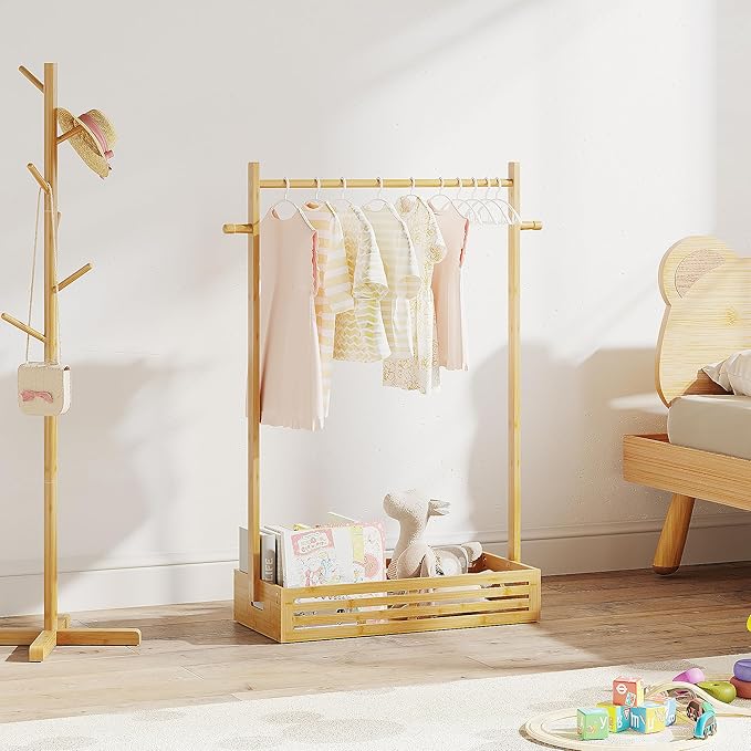 Kids Clothing Rack for Toddler, Pets Clothes Rack with Storage Box & Hanging Rod for Dogs/Cats, Baby Clothes Closet Stand for Nursery Room (Natural, Kids)