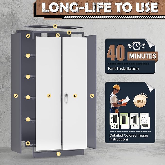 INTERGREAT Metal Lockable Storage Cabinet, 72” H Storage Cabinets with 2 Doors and 4 Adjustable Shelves for Office, Home, Garage, Pantry (Assembly Required, Gray White)