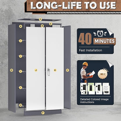 INTERGREAT Metal Lockable Storage Cabinet, 72” H Storage Cabinets with 2 Doors and 4 Adjustable Shelves for Office, Home, Garage, Pantry (Assembly Required, Gray White)