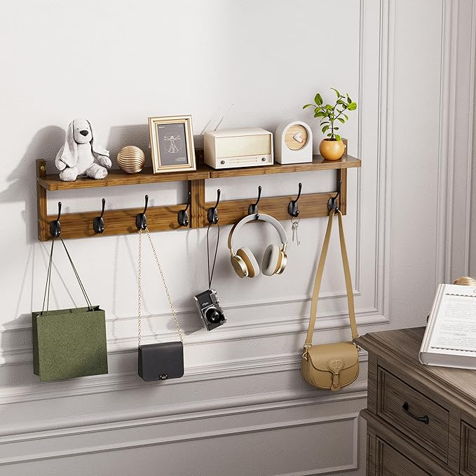 Coat Rack with Shelf Wall Mount, Entryway Bamboo Hanging Shelf, Set of 2, Wall Hook Rail for Hallway Décor, Storage Clothe, Hat, Robe, Key, Dog Leash (Walnut)