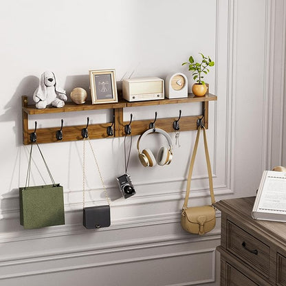 Coat Rack with Shelf Wall Mount, Entryway Bamboo Hanging Shelf, Set of 2, Wall Hook Rail for Hallway Décor, Storage Clothe, Hat, Robe, Key, Dog Leash (Walnut)