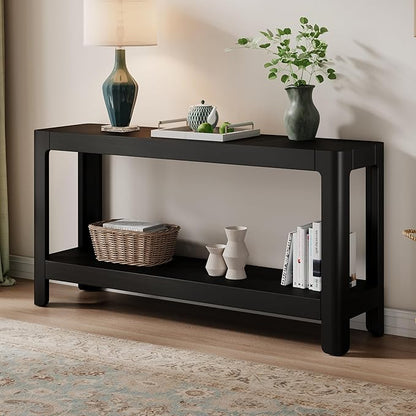 59-Inch Long Console Table, Modern Farmhouse 2-Tier Console Table, Elegant Minimalist Design with Premium Wood Veneer and Rounded Corners for Entrance, Hallway, Living Room (Black-880)