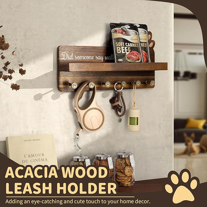 Rebee Vision Dog Leash Holder for Wall with Shelf – Wooden Key Holder Wall Mount with 6 Hooks & Floating Shelf – Cute Farmhouse Home Decor for Entryway, Living Room, Kitchen Decor(Dark Acacia)