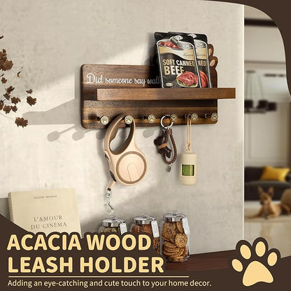 Rebee Vision Dog Leash Holder for Wall with Shelf – Wooden Key Holder Wall Mount with 6 Hooks & Floating Shelf – Cute Farmhouse Home Decor for Entryway, Living Room, Kitchen Decor(Dark Acacia)