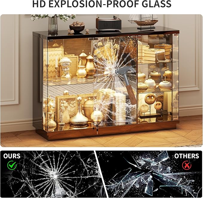 HNEBC Lockable Display Curio Cabinet with Glass Door,47.2" W Glass Display Cabinet with 3 Color Lights for Collectibles,5-Tier Lighted Display Case with Human Sensor,Living Room,Black