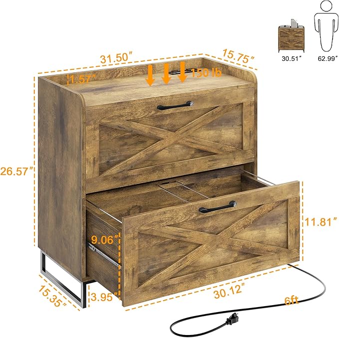 File Cabinet 2 Drawers Lateral File Cabinet with Charging Station for Letter/Legal/A4 Size Hanging Files, Large Wood File Storage Cabinets Printer Stand for Home Office, Brown