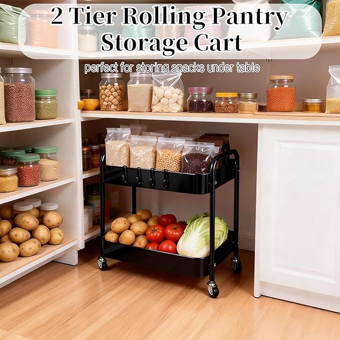 2 Tier Rolling Cart with Wheels for Under Desk Storage & Pantry Room, Large Capacity Laundry Room & Makeup Organizer, Sturdy Kitchen Utility Cart for Small Space with 4 Hooks, Black