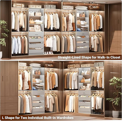 Aheaplus Closet System with Drawers Set of 2, Wood Closet Organizer System with 8 Hanging Rods & Top Shelves, Walk-in Closets Organizer Wardrobe Clothes Rack System, Cut Fits Spaces 4-9FT. Wide, Grey1