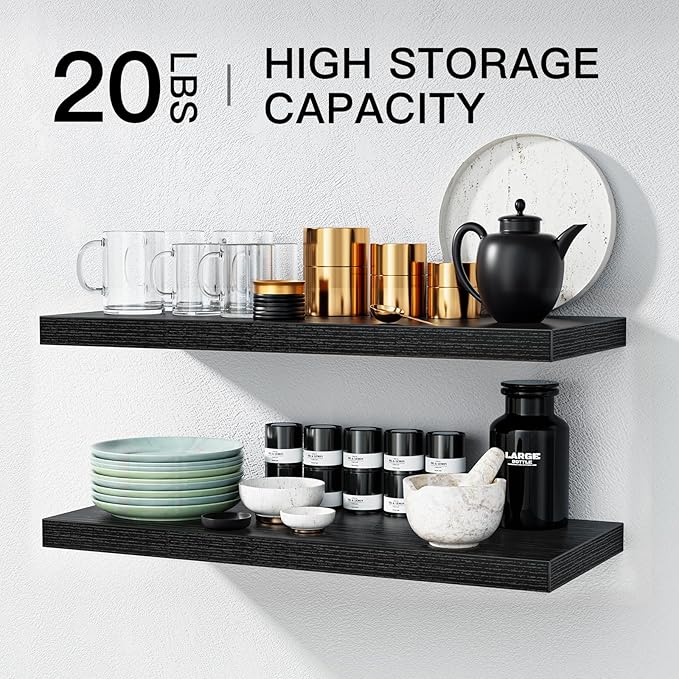 AMADA HOMEFURNISHING Floating Shelves Wall Mounted, 24 x 7 Inch Wall Shelves for Bathroom, Bedroom, Living Room, Black Shelves Set of 2 - AMFS05 | Wall Shelves, for Bathroom, Bedroom, Living Room, Shelves