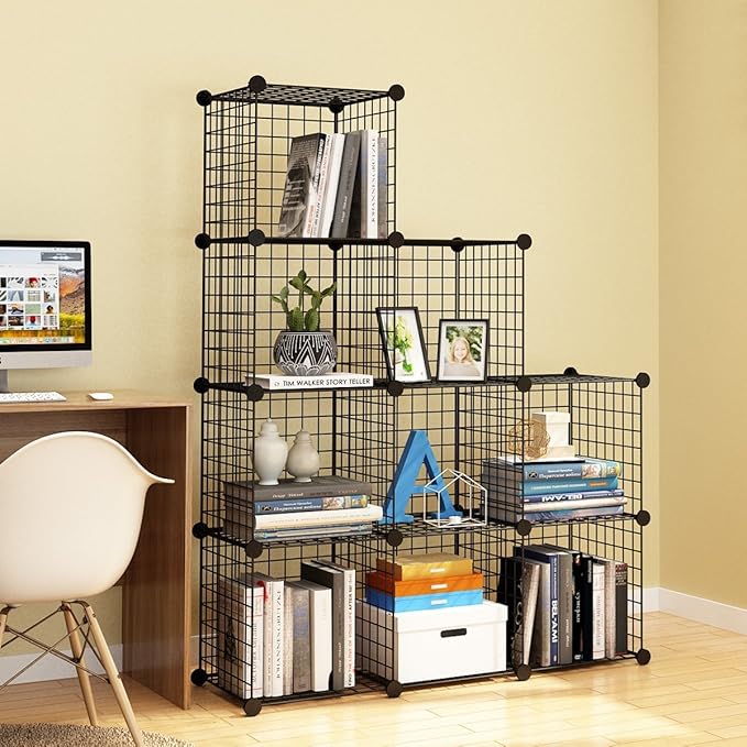 KOUSI 14"x14" Wire Cube Storage, Metal Grid Organizer, 9-Cube Modular Shelving Unit, Stackable Bookcase, Ideal for Living Room, Bedroom, Office, Garage