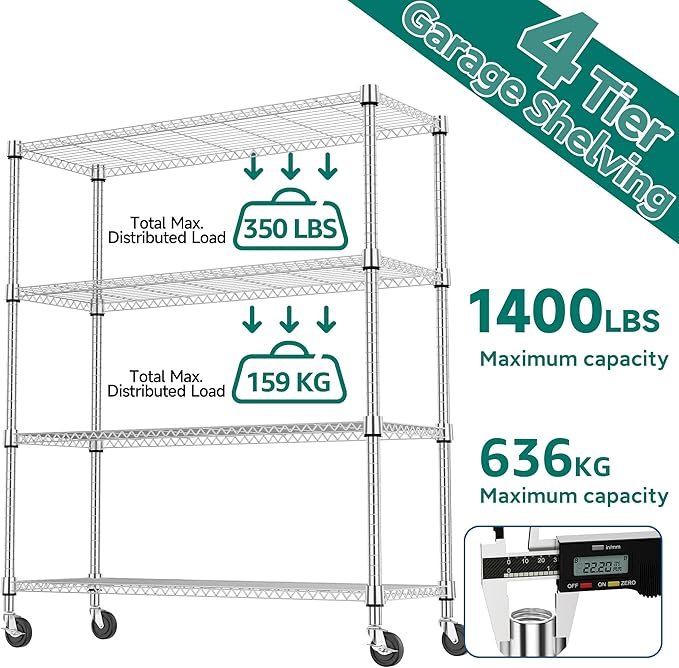 1400LBS 47.2" W 4 Tiers Storage Shelves Metal Shelving Unit with Wheels Heavy Duty Garage Shelving Adjustable Wire Shelves for Pantry,Kitchen,Garage,Basement,Chrome 17.7" D x 47.2" W x 62.6" H