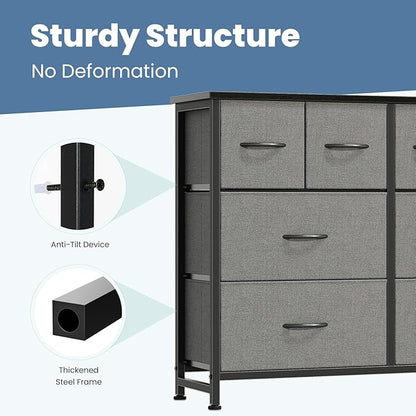 DUMOS TV Stand, Dresser with 8 Fabric Drawers, Spacious Storage Tower for Closet, TV Stand with Wood Top and Mental Frame, Storage Unit for Living Rooms, Bedroom and Entryway, Grey