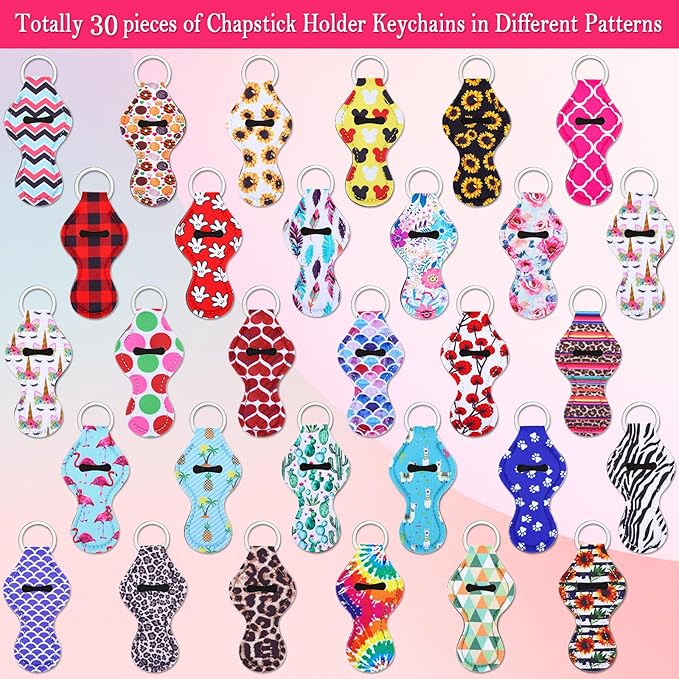 Cludoo 30Pcs Chapstick Holder Keychain Bulk, Chapstick Lip Balm Lipgloss Lipstick Holder Keychains for Lipstick, Chapstick, Lip Balm, lanyards, 30 Vibrant Colors