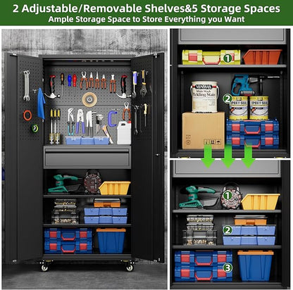 Garage Storage Cabinet with Wheels, 5 Pegboards and 1 Drawer, 71" H Lockable Metal Storage Cabinet with 2 Adjustable Shelves and 16 Hooks for Garage,Warehouse, Assembly Required,Black