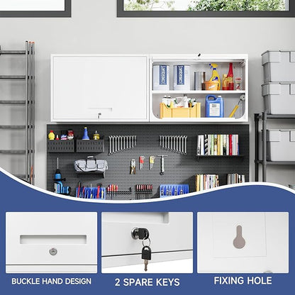 Metal Wall Cabinet with Locking Door and Shelf, Hanging Garage Cabinets with Up-Flip Doors for Garage, Warehouse, Home, Office, Assembly Required (White, One Cabinet)