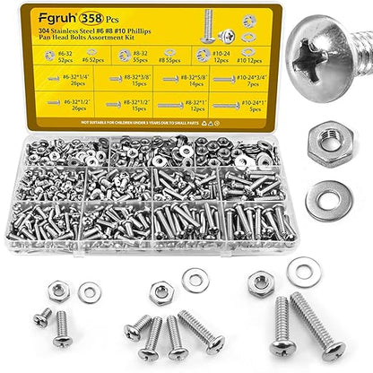 358PCS Machine Screws and Nuts Assortment Kit, #6-32#8-32#10-24 Phillips Pan Head Bolts Assorted, 304 Stainless Steel Nuts Bolts and Flat Washers Set
