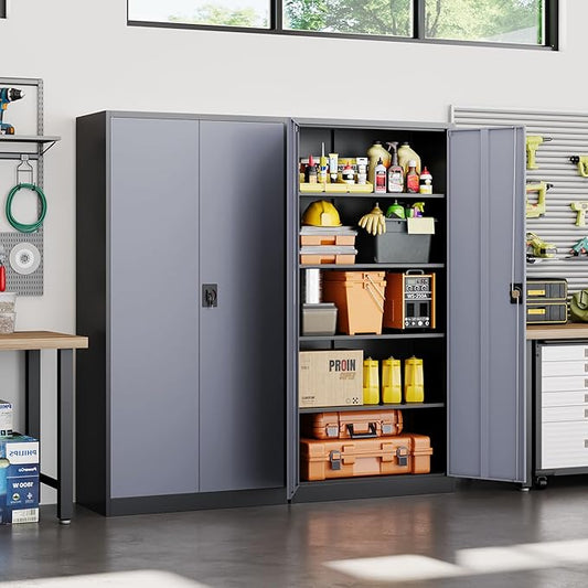 Yizosh Metal Garage Storage Cabinet with Lock, 72" Locking Tool Cabinets with 2 Doors and 4 Shelves, Heavy Duty File Cabinet for Office, School (Gray Black)