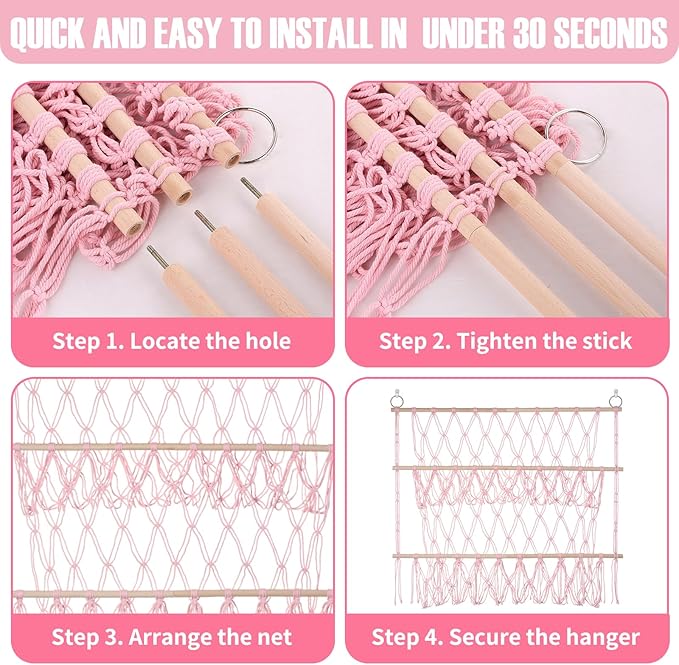 Stuffed Animal Net or Hammock Large Corner Storage for Plushies Stuffed Animals Zoo Wall Hanging Organizer Holder for Net Hammock, Space-Saving Nursery Decor (Pink)