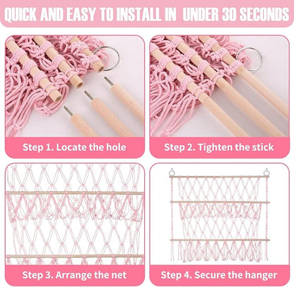Stuffed Animal Net or Hammock Large Corner Storage for Plushies Stuffed Animals Zoo Wall Hanging Organizer Holder for Net Hammock, Space-Saving Nursery Decor (Pink)