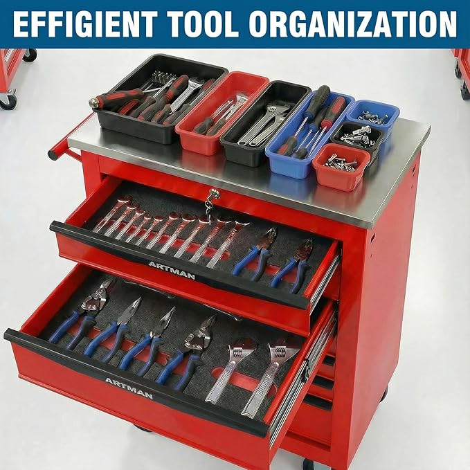 6-Drawer Rolling Tool Chest with Stainless Steel Countertop,Tool Chest with Secure Locking System,Mobile Storage Tool Cabinet with 360°Wheels and Padded Feet,for Home,Garage (Red)