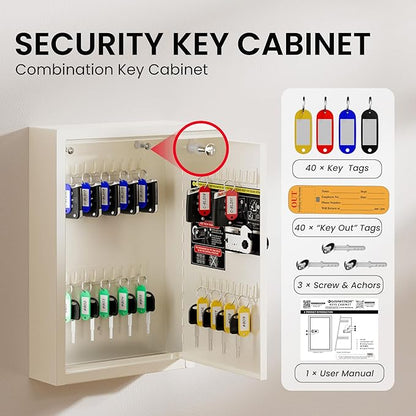 Grimtron Key Lock Box for Keys with Code, Key Box Wall Mount Cabinet, Resettable Combination Lock, 40 Keys, Beige