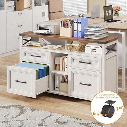 Vabches Farmhouse Filing Cabinet with Adjustable Shelf & Wheels, Lateral File Cabinets, Office Storage Cabinet with 4 Drawers and Open Storage Space, for Hanging Files Letter/A4, for Home Office