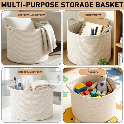 65L Large Blanket Basket,19.7" L x 19.7" W x 13" H Rope Woven Baskets with Handles, Toys Storage Bins,Laundry Basket Perfect for Living Room, Nursery,Bedroom,Home Organization,White
