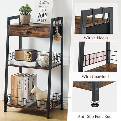 3-Tier Ladder Shelf with Drawer, Bathroom Table Stand for Small Space, Bathroom Standing Shelves with Storage for Living Room Bedroom Kitchen, Organizer Shelf, Rustic Brown