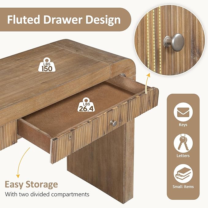 54.3" Rustic Console Table with Fluted Drawer Front,Entryway Table with Curved Corners & Thick Legs,Sturdy Sofa Table for Hallway & Living Room,Natural