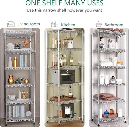 GIOTORENT 6-Tier Storage Shelves Standing Shelving Metal Units, Adjustable Height Wire Shelf Display Rack for Pantry Laundry Bathroom Kitchen 16.6” x 11.8” x 63”, Silver