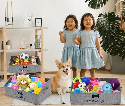 Geyecete 3 Pack Large dog toy bin dog toy box storage box - Foldable Fabric Trapezoid Organizer Boxes with Handle for Dog Toys (Snow Gray-DOG)
