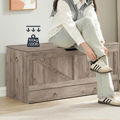 HOOBRO Storage Chest, 43.3" Toy Chest with Drawer, Wooden Storage Bench, Sturdy Entryway Bench Supports 220 lb, Shoe Bench, Safety Hinge, U-Shaped Opening, Easy Assembly, Greige BG711CW01G1