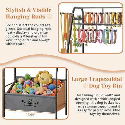 Large Dog Toy Basket with Dog Storage Organizer, Trapezoid Toy Bin Box with Collar Leash Holder Hook, Dogs Toy Holder Chest Pet Storage Cabinet for Living Room Dogs Essentials