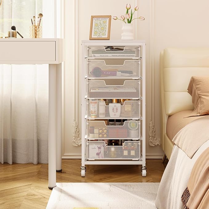6 Drawers Utility Cart, Rolling Storage Cart with Wooden Tabletop, Storage Drawer Cart on Lockable Wheels, Craft Cart for Bedroom, Classroom, Office, White