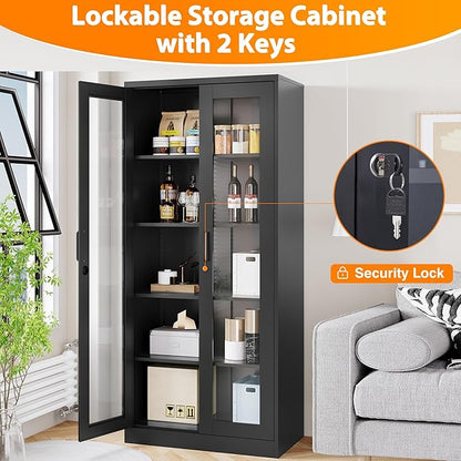 Glass Display Cabinet with 4 Adjustable Shelves, 71" Tall Curio Cabine with Tempered Glass Door, Liquor Cabinet with Lock, 5-Tier Bookcase Storage Cabinet for Home, Study, Living Room (Black)