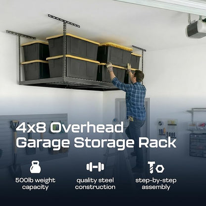 MonsterRax Overhead Garage Storage Rack - 4 x 8 Ceiling Racks for Garage Shelving, Organization, Adjustable Hanging Storage, Grey, 12"- 21" Height Adjustment