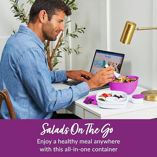 Bentgo Salad Container - 54 oz Bowl with 4-Compartment Toppings Tray, Leak-Proof Dressing Container, Reusable Fork, BPA-Free Lunch Box for Meal Prep & Food Storage; Removable Bento Tray (Purple)